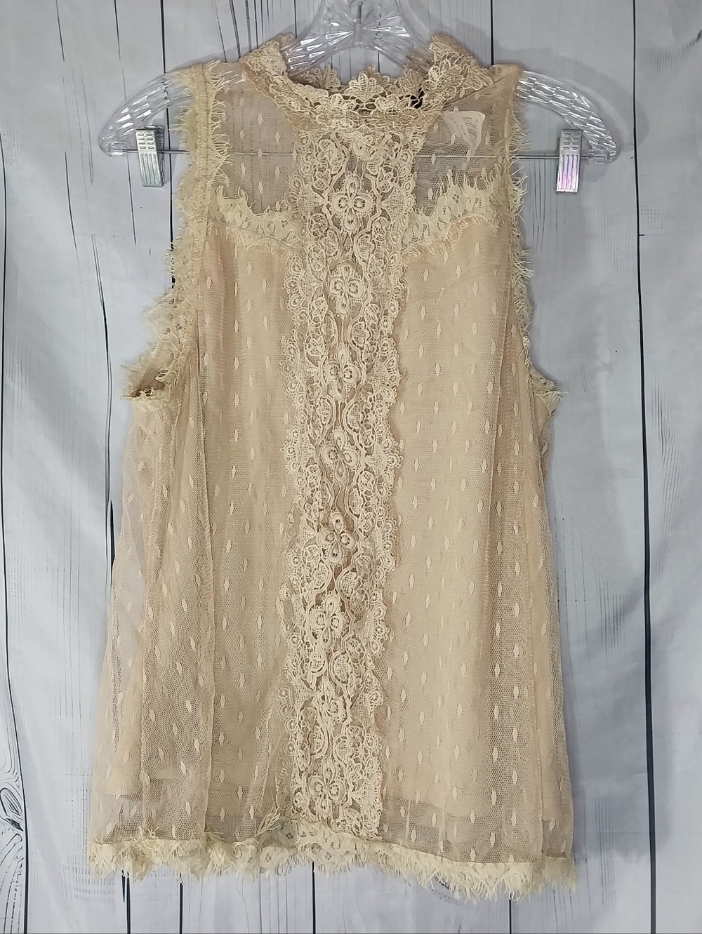 Love J Boho Sheer Lace-Front Sleeveless Fringe Trim Whimsigoth Fairy Top Mocha